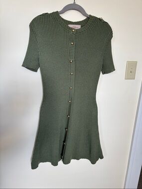 LIKE NEW French Connection Olive Ribbed Knit Sweater Dress Gold Button Detail